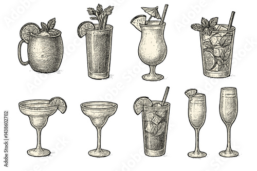 Collection of various cocktails displayed on a bar surface showcasing unique glassware and garnishes