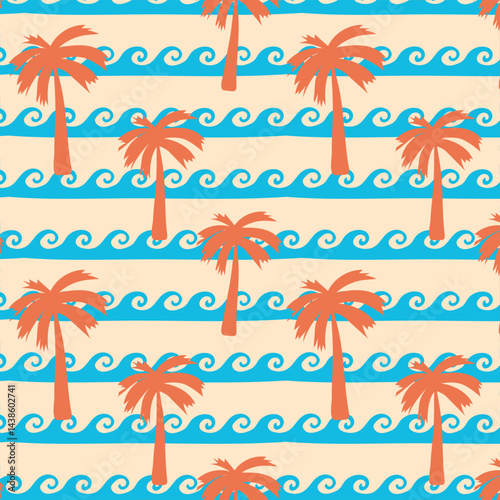 Marine retro seamless pattern with palm trees and sea. Summer print.