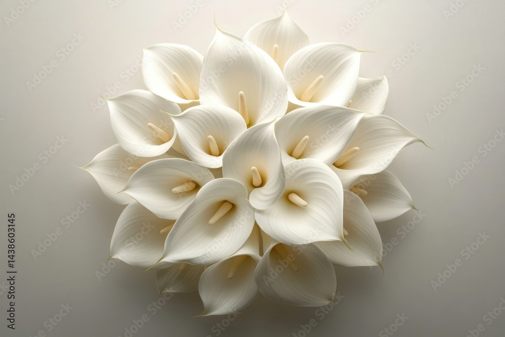Fototapeta premium Elegant arrangement of pristine white Calla Lilies in full bloom, showcasing their natural beauty and soft, graceful curves on a light background.
