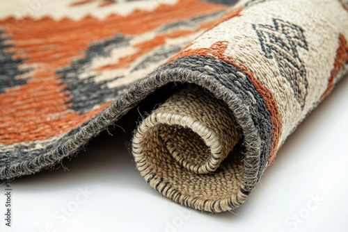 A rolled-up rug with intricate geometric patterns in earthy tones of orange, gray, and beige.