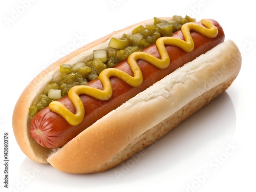Hotdog With Mustard & Relish, Classic American Fast Food Still Life On White Surface