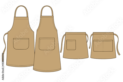 Collection of four simple brown aprons, showcasing various sizes and styles for cooking and crafting activities