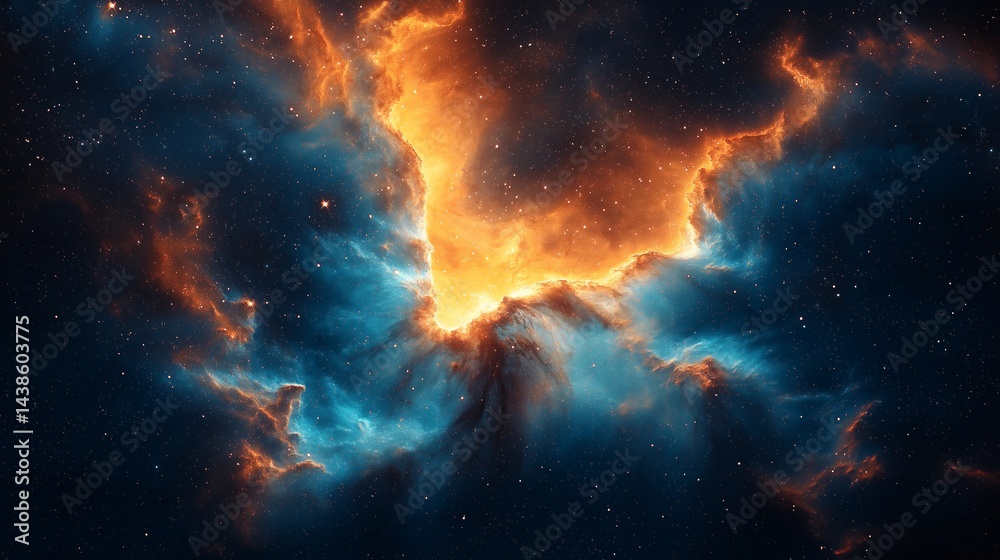 Fototapeta premium Vibrant Blue and Fiery Orange Nebula in Deep Space with Glowing Stars – Abstract Cosmic Sky Background