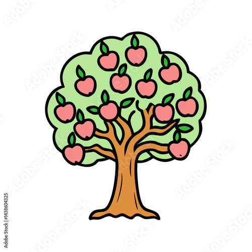 Illustration of an apple tree with red apples, tree drawing, apple orchard, fruit tree art