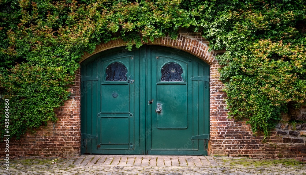 weathered green metal door in a rustic brick wall with lush green foliage weathered green metal door in a rustic brick wall with lush green foliage