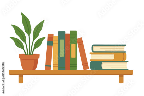 Colorful books and a green plant sit on a wooden shelf creating a cozy reading corner atmosphere