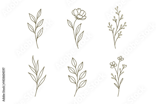 Floral designs with various plants and flowers illustrated in simple line art style suitable for decor or crafts