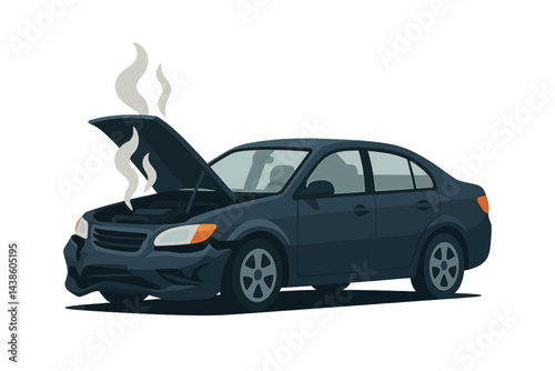 Black sedan with smoke rising from the hood indicating engine trouble during a roadside breakdown
