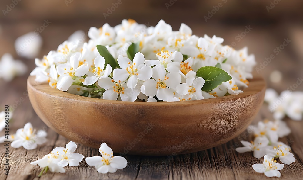 Delicate White Flowers in Wooden Bowl on Rustic Background Still Life Delicate White Flowers in Wooden Bowl on Rustic Background Still Life