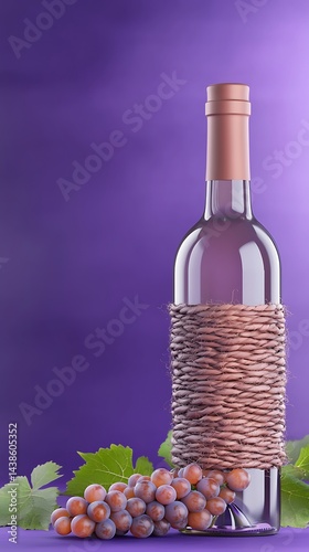 Wine bottle, rope-wrapped, alongside grapes against purple