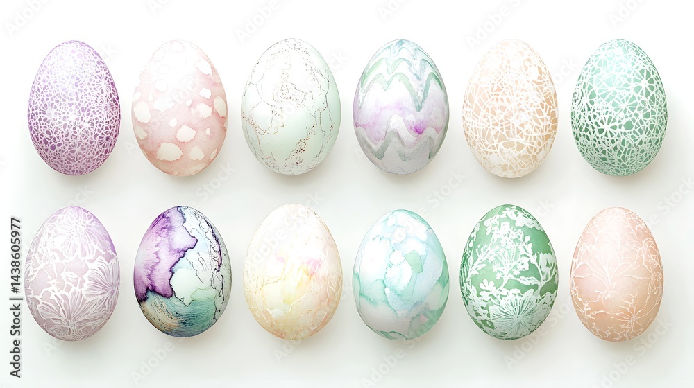 Twelve Pastel Easter Eggs Watercolor Design Spring Holiday art lace cute soft pink blue Twelve Pastel Easter Eggs Watercolor Design Spring Holiday art lace cute soft pink blue