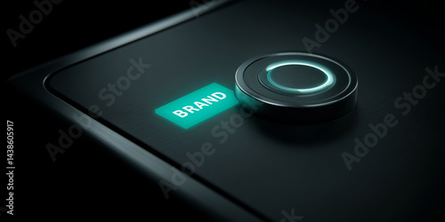 Dark metallic surface with illuminated button displaying 
