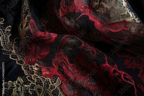 Close-up of an exquisite fabric with black netting, red floral embroidery, and gold floral lace detailing, creating a luxurious texture.