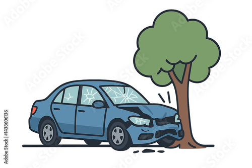 Car crashes into tree causing visible damage to vehicle on a sunny day in a suburban area