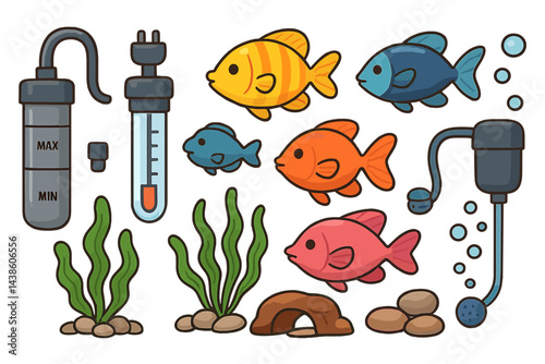 Colorful fish swimming among aquatic plants and equipment in a vibrant aquarium setup