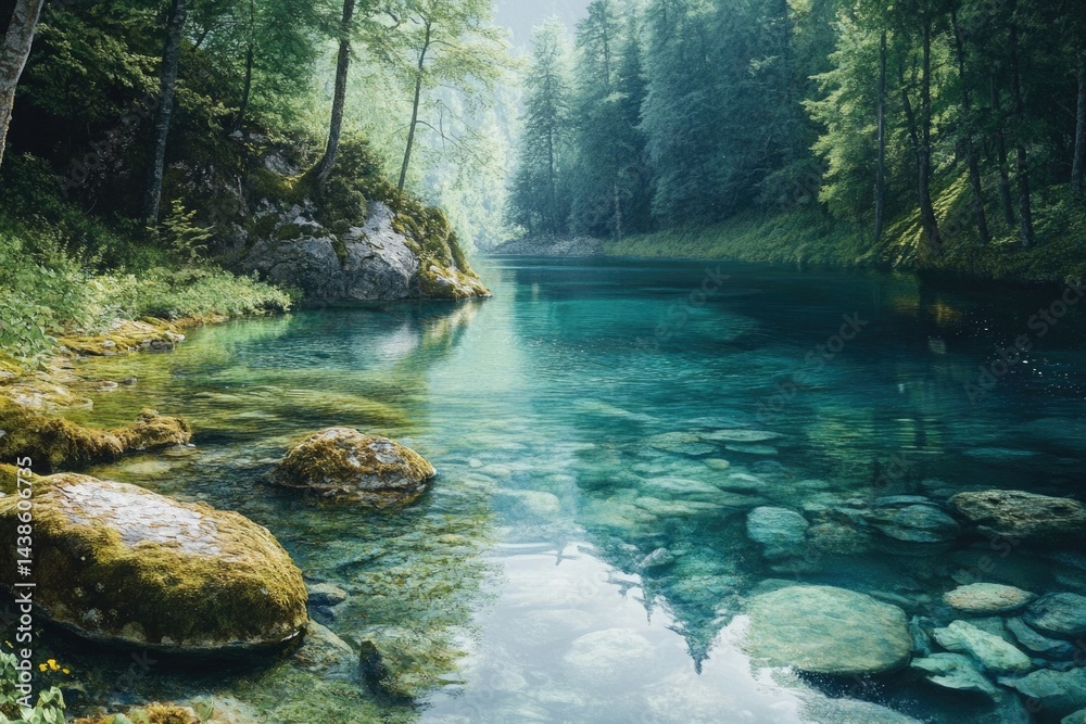 Obraz premium A serene river flows through a lush forest, its clear turquoise water revealing the rocky riverbed below, inviting peace and reflection.