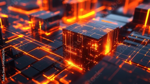A futuristic digital cube background with glowing lines and tech shapes