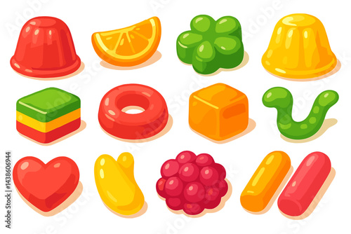 Colorful assortment of gummy candies and jellies displayed on a white background