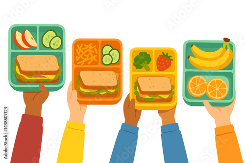 Children sharing colorful lunch trays featuring sandwiches, fruit, and vegetables in a joyful school dining setting