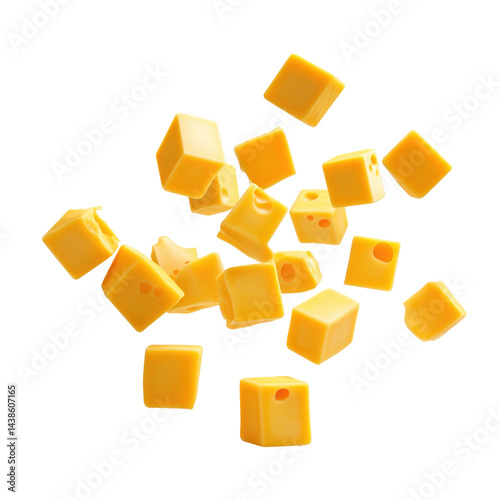Colby Cheese Cubes Falling Midair Crisp  isolated on a transparent background
