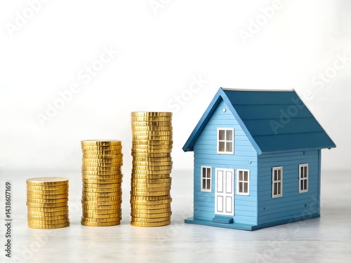 Golden Coins Stacked Near Blue House Miniature, Finance Concept, White Background
