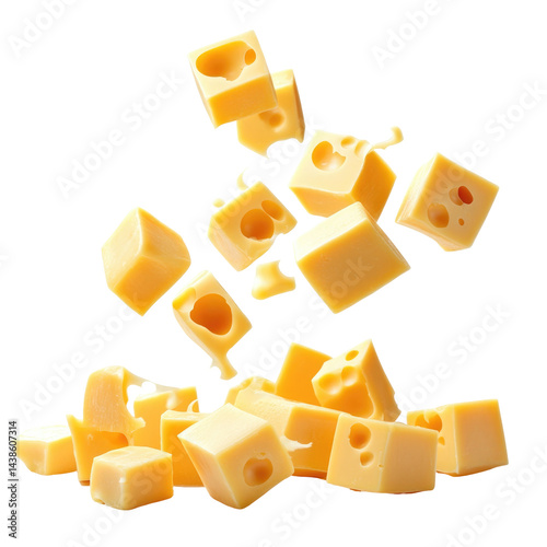 Colby Cheese Cubes Falling Midair Crisp  isolated on a transparent background