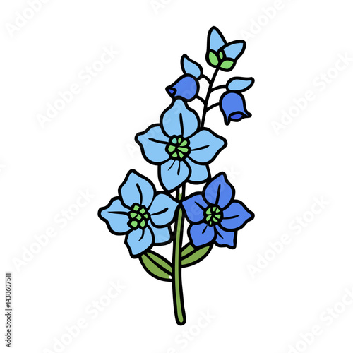 Illustration of a blue delphinium flower plant with green leaves floral botanical drawing vector art