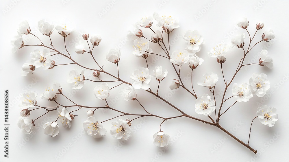 White blossom branches on white background; spring floral design White blossom branches on white background; spring floral design