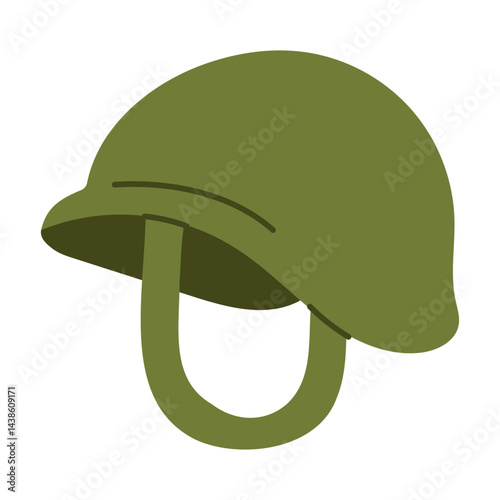 A cartoonish green helmet with a black strap. The helmet is a symbol of the military and is often worn by soldiers