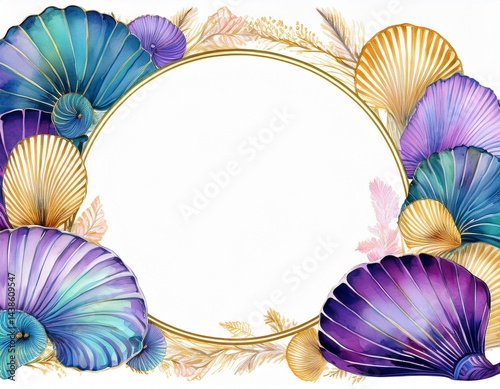 vibrant watercolor shell frame with nautilus and fan shells in blue purple and gold n elegant border for creative designs