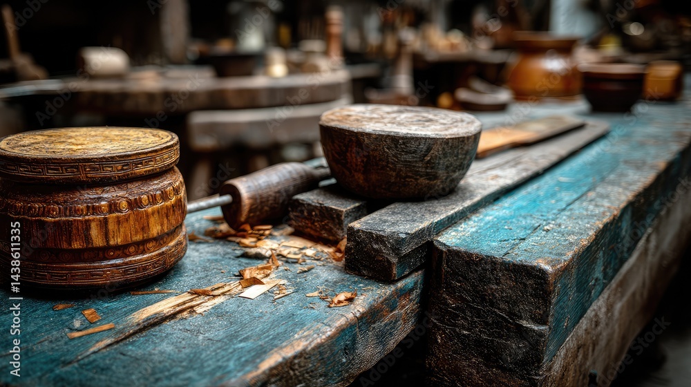 Aged wooden tools on workbench Aged wooden tools on workbench