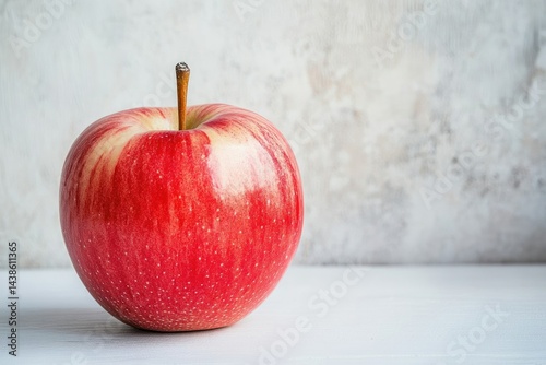 A shiny red apple with yellow stripes sits on a white surface, against a mottled gray background, under bright lighting.