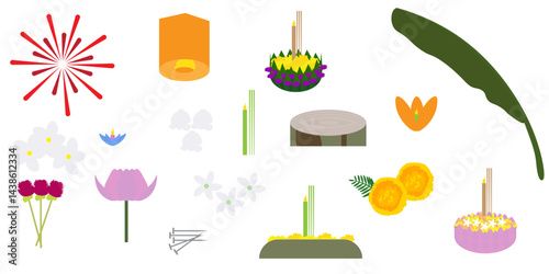 collection loy krathong festival thailand. sky lantern, banana leaf, lotus, fireworks, krathong, marigold, dahlia, frangipani flower, jasmine.