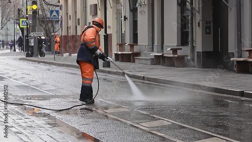 worker washes asphalt with hose on the streets of the city