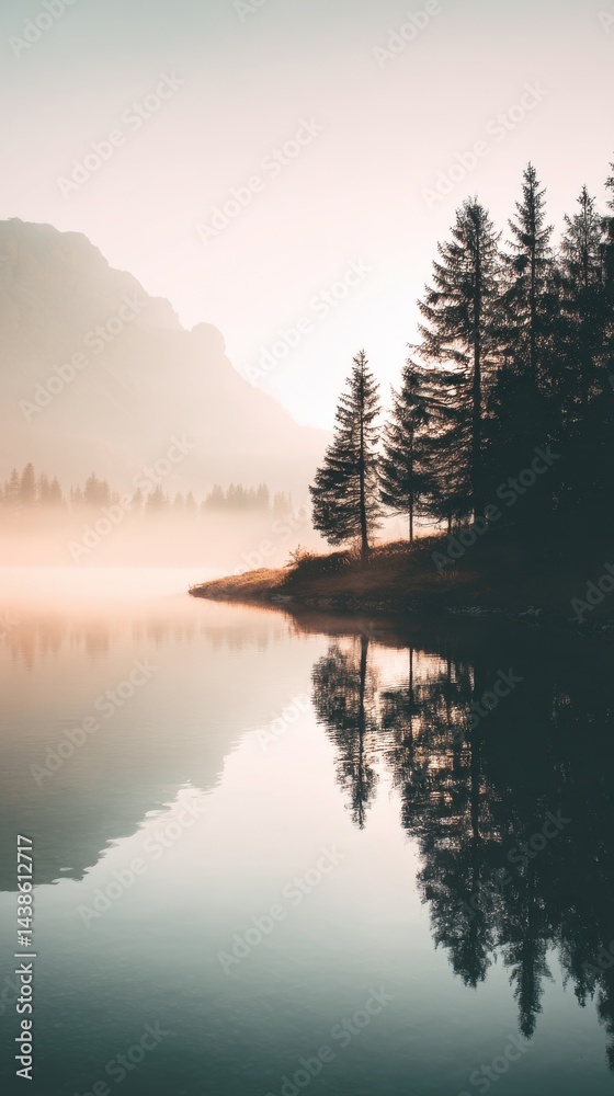 Fototapeta premium Misty Mountain Lake at Sunrise