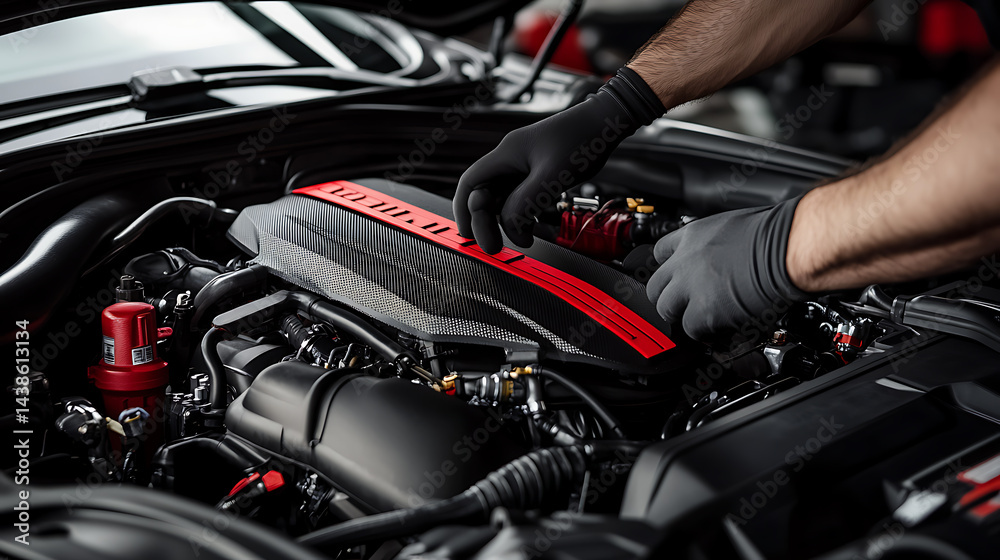 Mechanic Working on a High-Performance Car Engine Mechanic Working on a High-Performance Car Engine