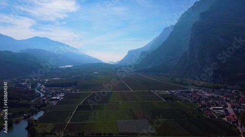 aerial view of a valley with mountains