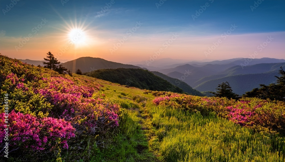 Fototapeta premium a beautiful and colorful spring morning on grassy ridge in the roan highlands on the border of tennessee and north carolina along the appalachian trail