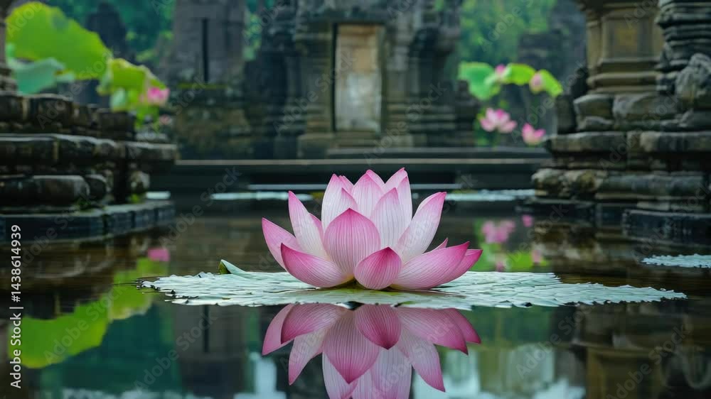 Temple pond with blooming lotus flower and temple reflection.