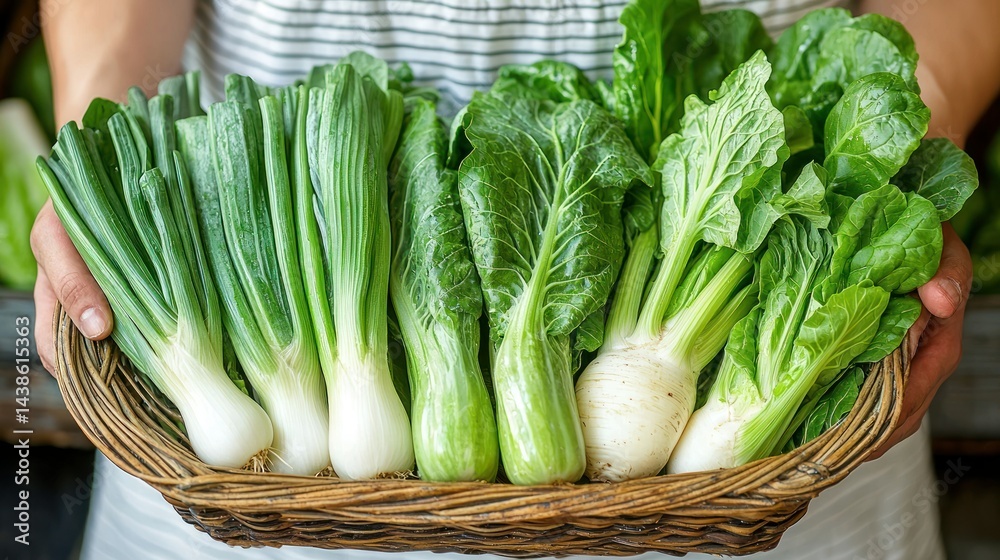 Fresh leafy greens in basket held by person Fresh leafy greens in basket held by person