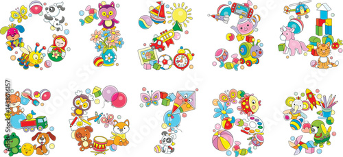 Funny numbers made from colorful toys and cute baby animals, for preschool education, a set of vector cartoon illustrations on a white background
