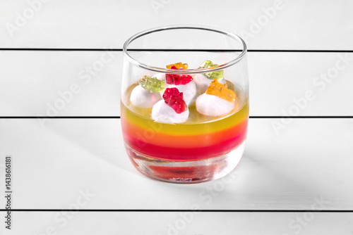 Glass with layered jelly, whipped cream and gummy bears on white table