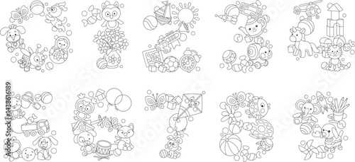 Funny numbers made from toys and cute baby animals, for preschool education, a set of black and white vector cartoon illustrations for a coloring book