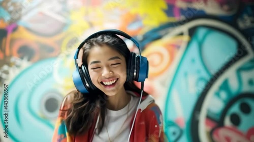 Joyful Young Woman with Headphones Against Colorful Graffiti Wall