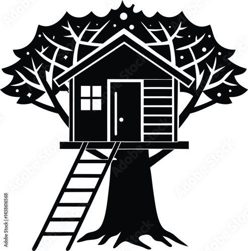 vector treehouse with ladder