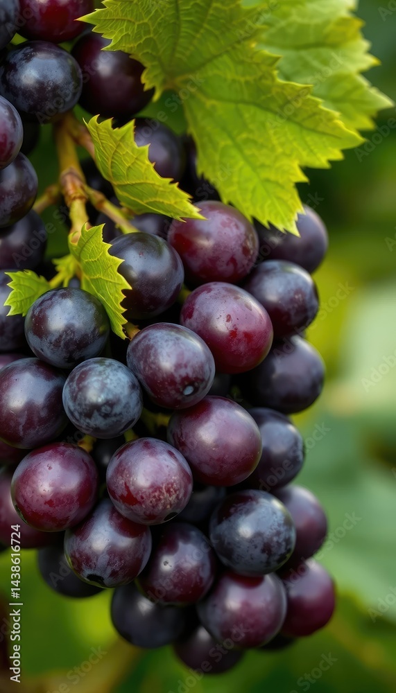 Fototapeta premium cluster of deep purple grapes on a grapevine, captured in hyper-realistic detail