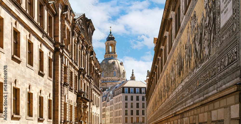 Dresden, the capital of Saxony. View of the Frauenkirche on a sunny day