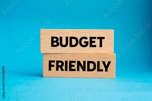 Budget friendly message written on wooden blocks on blue background. Conceptual budget friendly symbol. Copy space. photo
