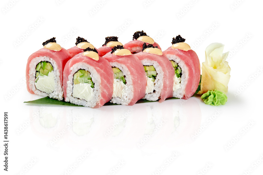 Philadelphia sushi roll with tuna, avocado, cream cheese and black caviar on white background