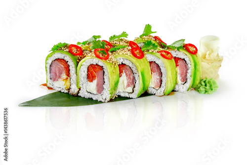 Obraz na płótnie Green dragon sushi rolls with salmon, avocado and red pepper flakes on white background w salonie